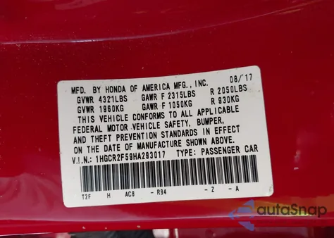 2017 Honda Accord Sport from USA, damaged, VIN 1HGCR2F59HA293017